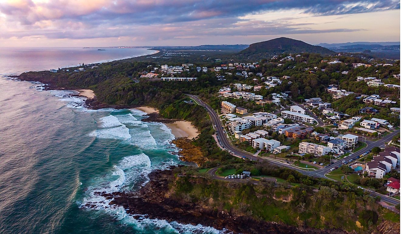 Aerial, drone view of the spectacular Coolum Beach and Sunshine Coast city.