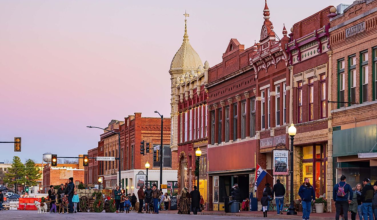 Historical buildings along a street in Guthrie, Oklahoma.