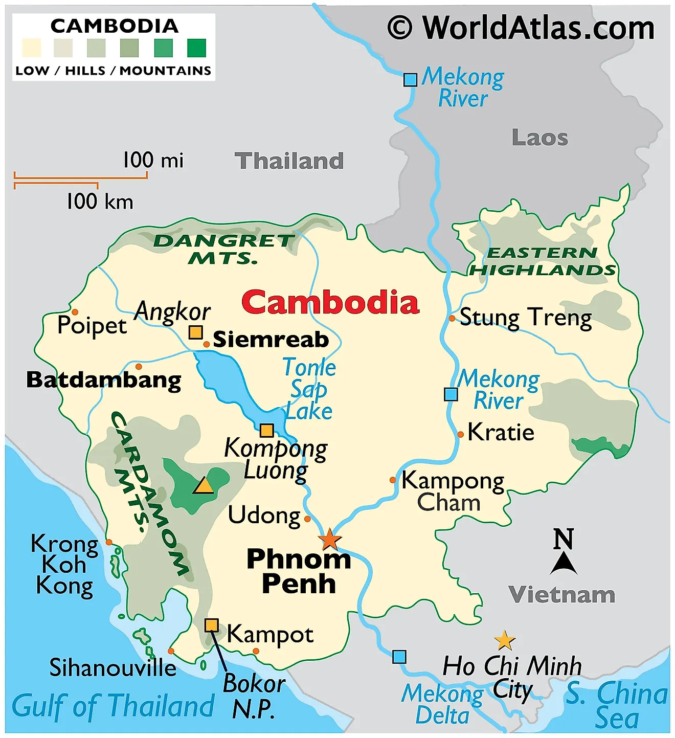 Physical Map of Cambodia showing relief, highest point, the Tonle Sap Lake, major rivers, mountains, and important cities.