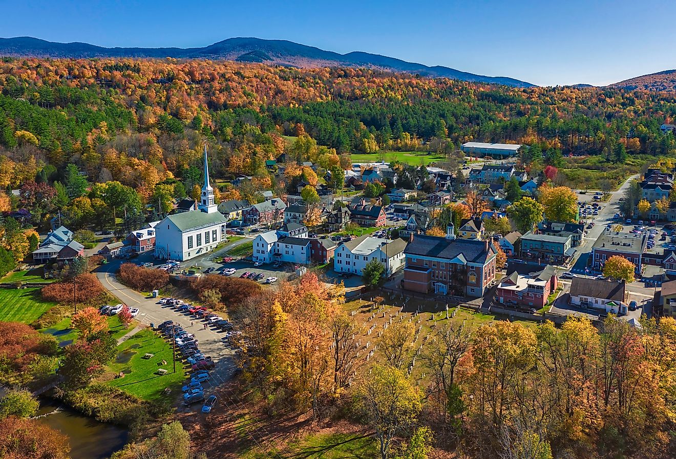 Aerial view of the charming town of Stowe, Vermont.
