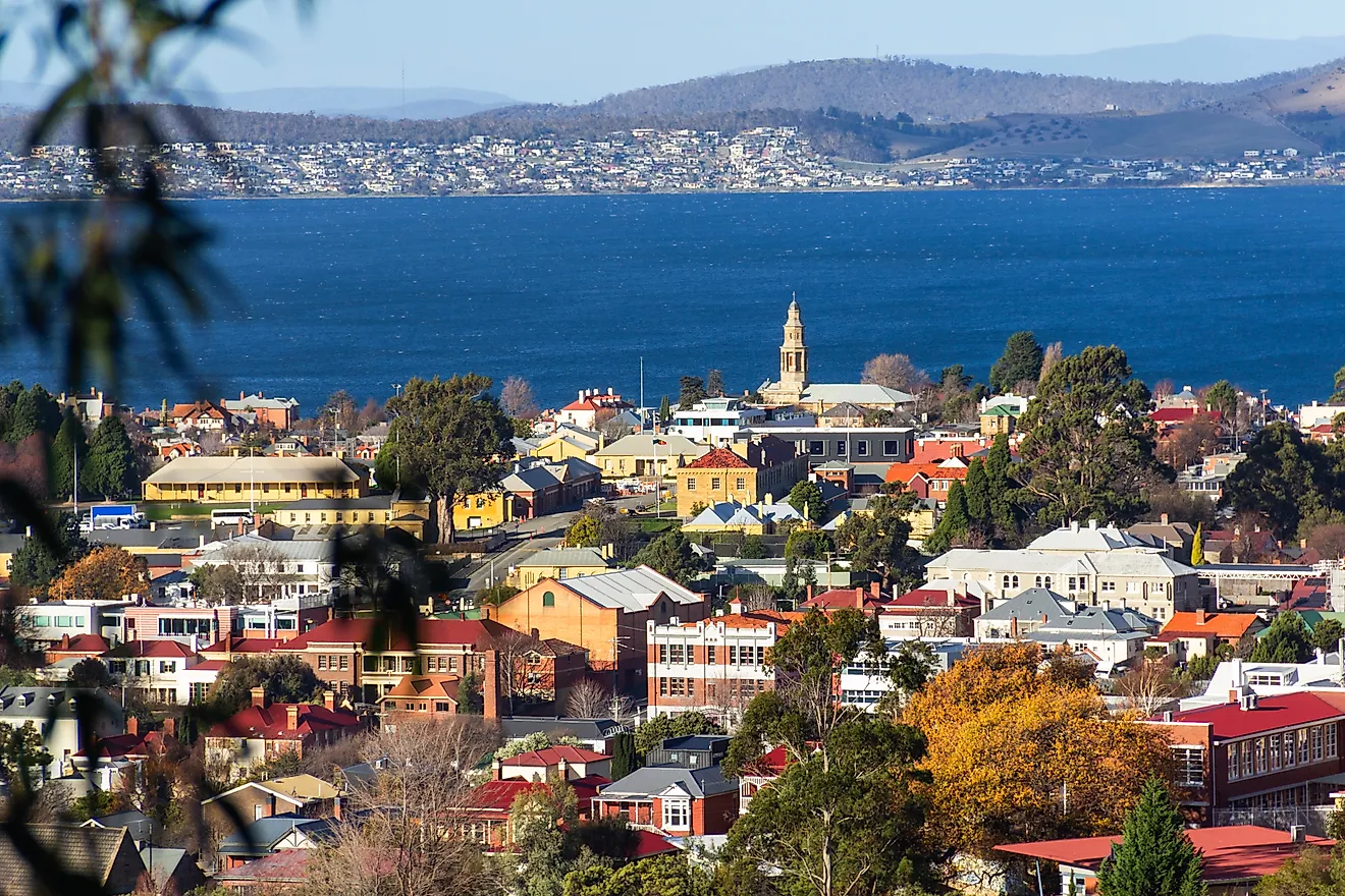 A view across the beautiful colourful buildings of Hobart's Battery Point to the Derwent River in Hobart, Tasmania
