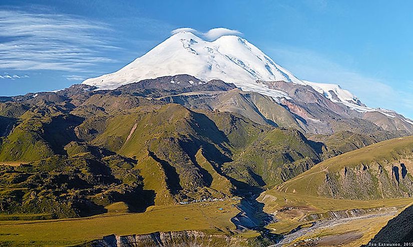 A view of the snow-cappted Mount Elbrus, the tallest mountain in Russia
