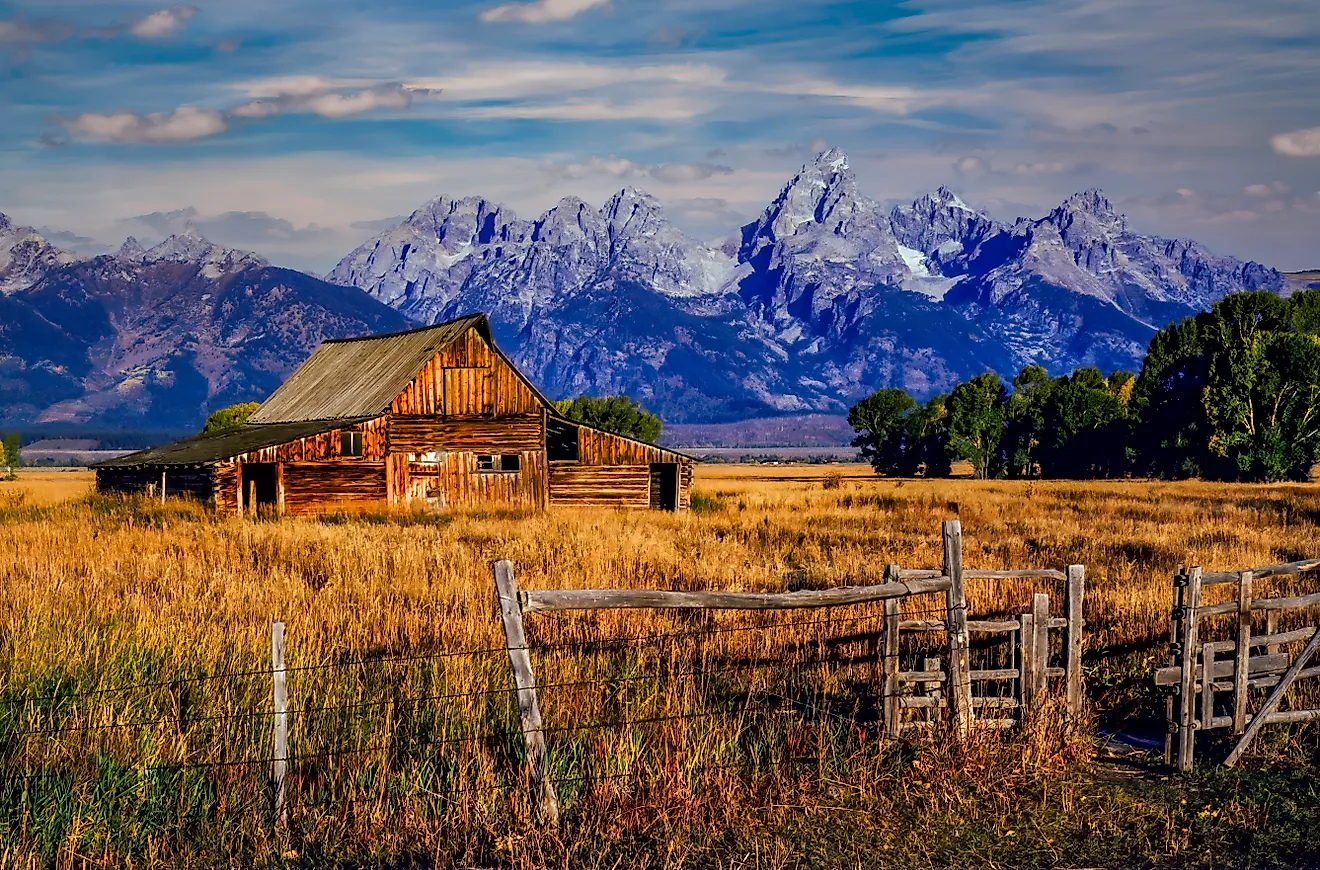 The Moulton barn in morning light in Grand Teton National Park Wyoming at Morman Row near Jackson Hole Wyoming. 