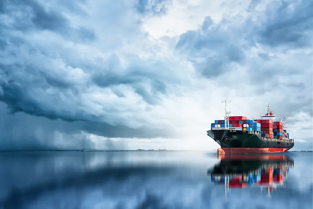 A cargo ship in the ocean. 