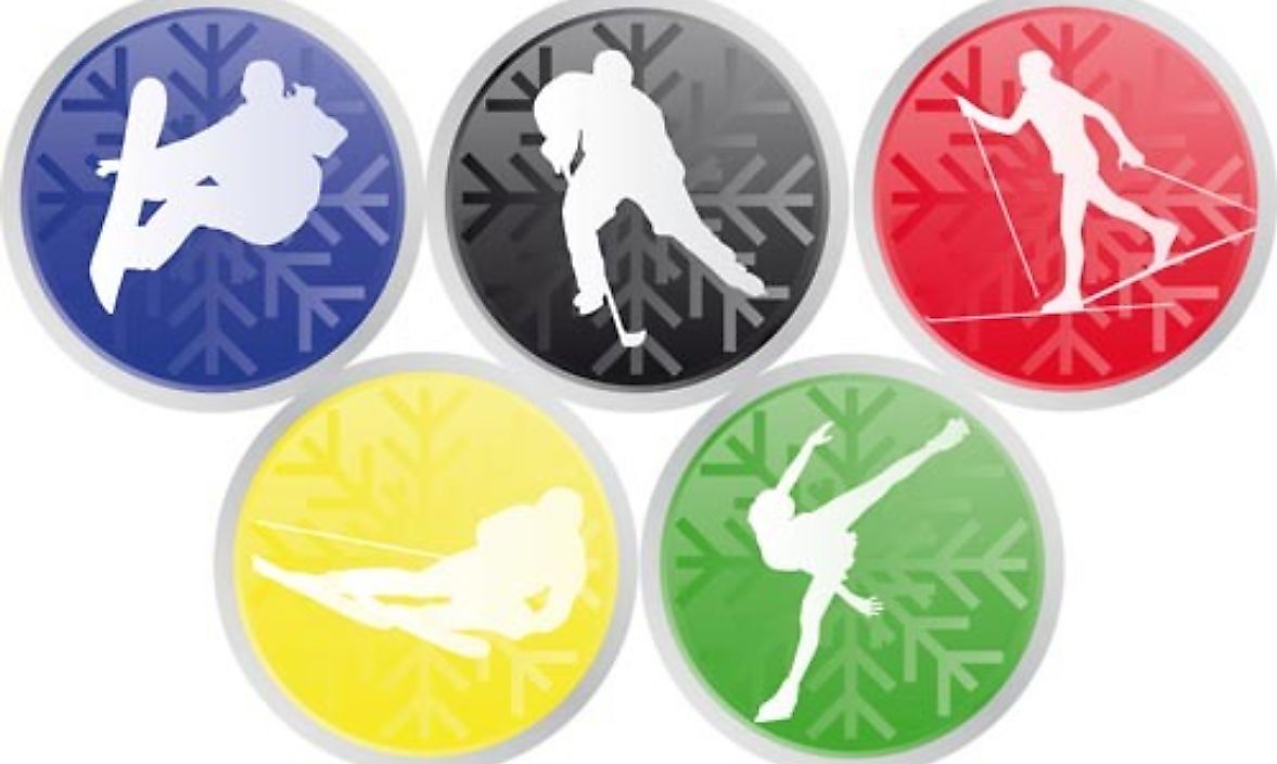 The five-ringed symbol of the Olympic Games highlighting various winter sports.