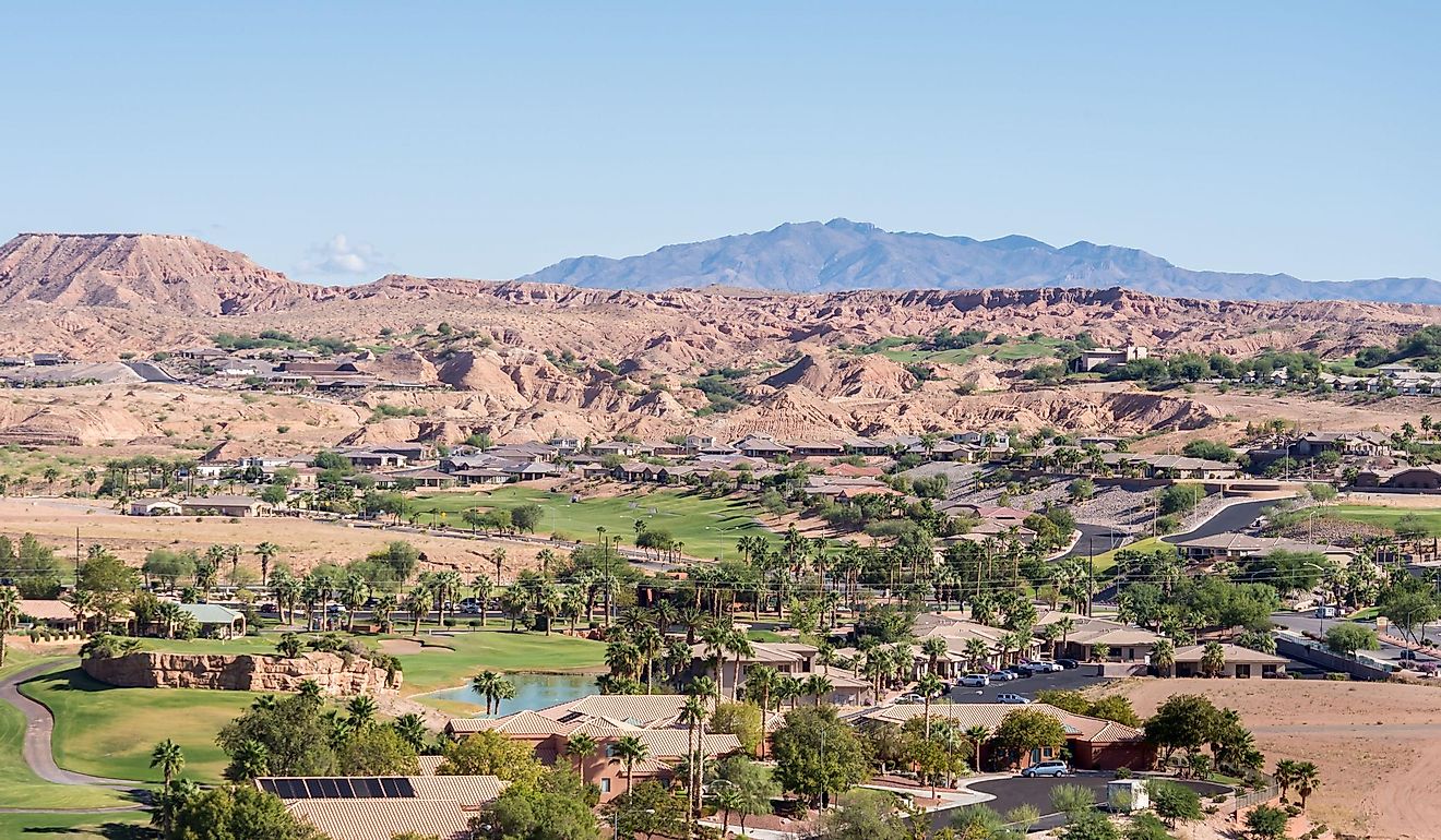 Picturesque Mesquite, Nevada, nestled in a valley amongst mesas and mountains.