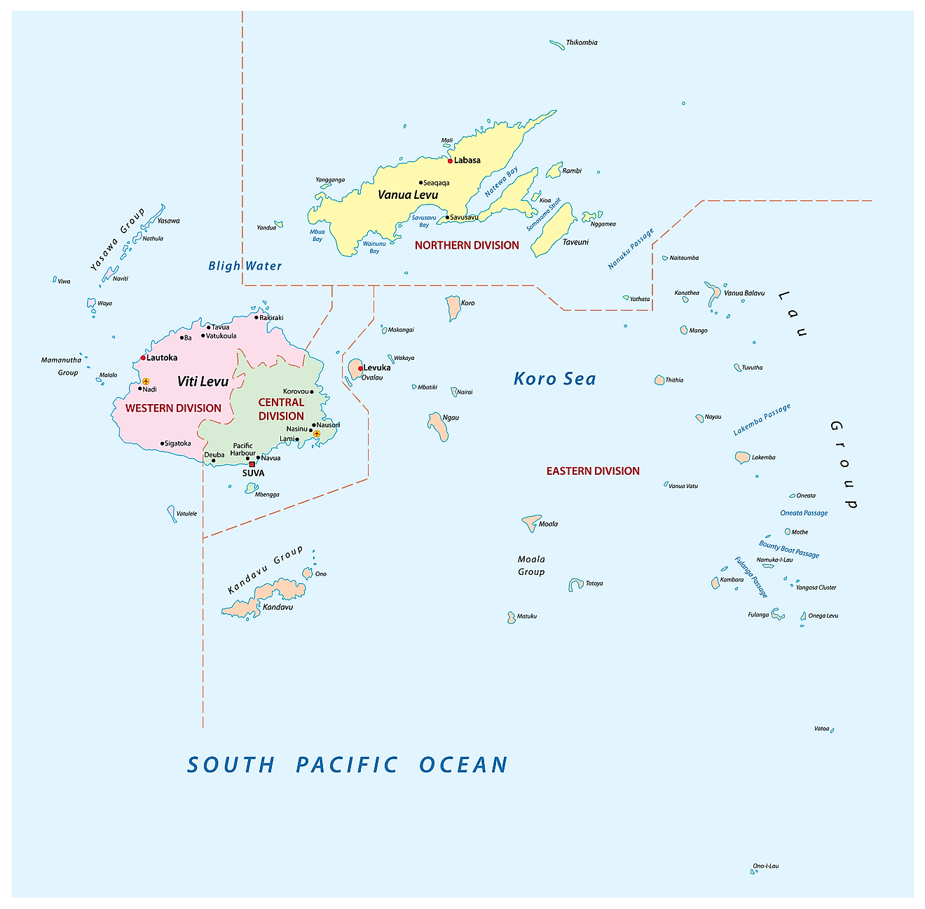 Mapa político de Fiji que muestra sus 4 divisiones y la ciudad capital de Suva.