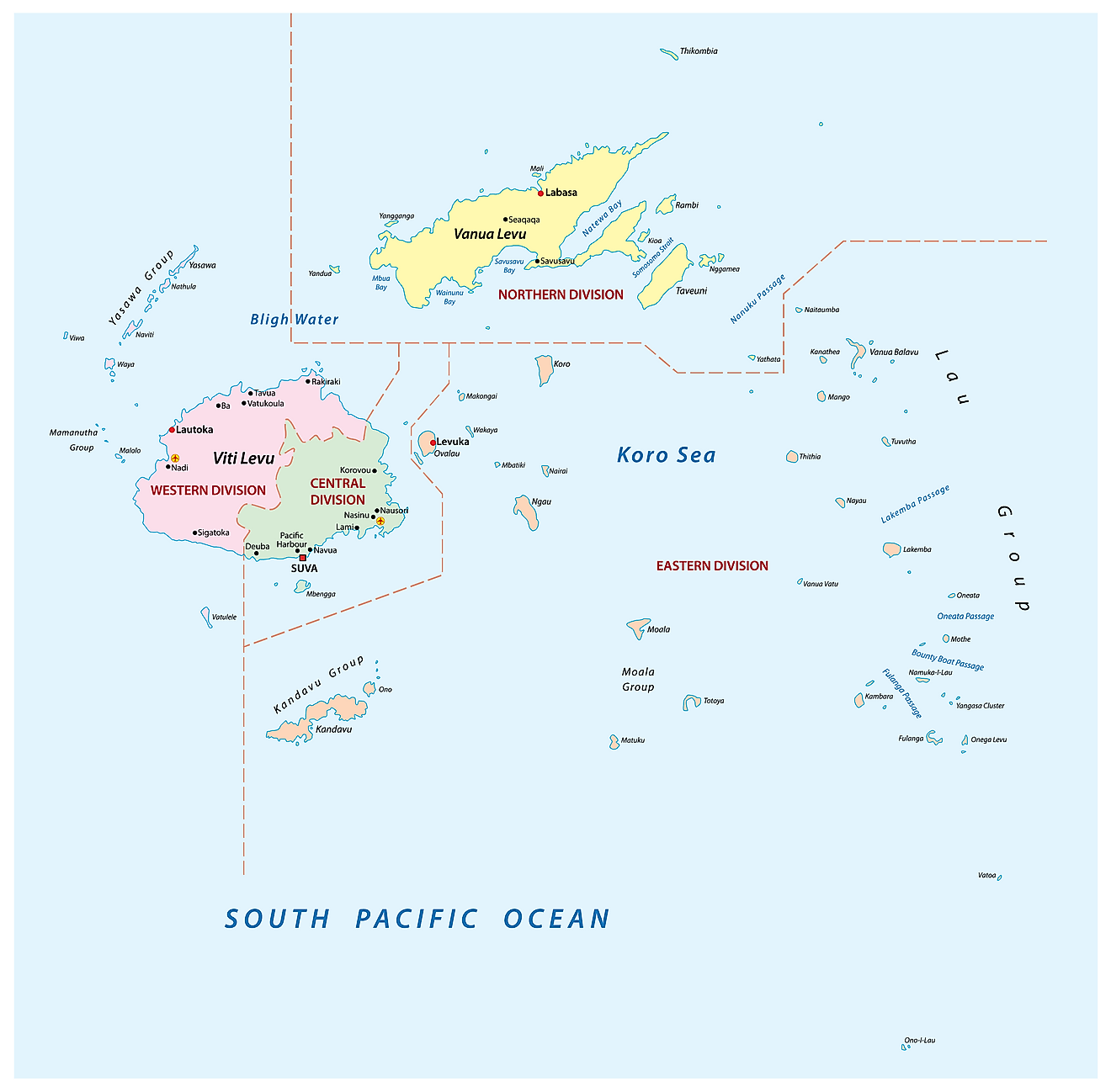 Political Map of Fiji showing its  4 divisions and the capital city of Suva.