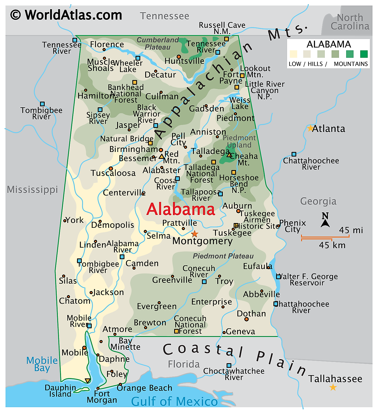 Physical Map of Alabama. It shows the physical features of Alabama including its mountain ranges, major rivers and lakes. 