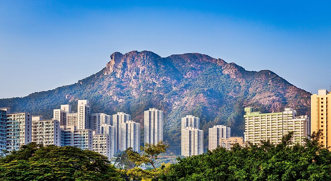 Lion Rock Mountain behind the city of Kowloon. 