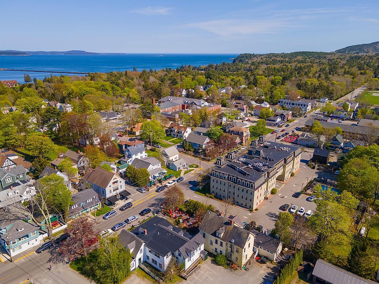 Aerial view of Main Street in Bar Harbor, Main.