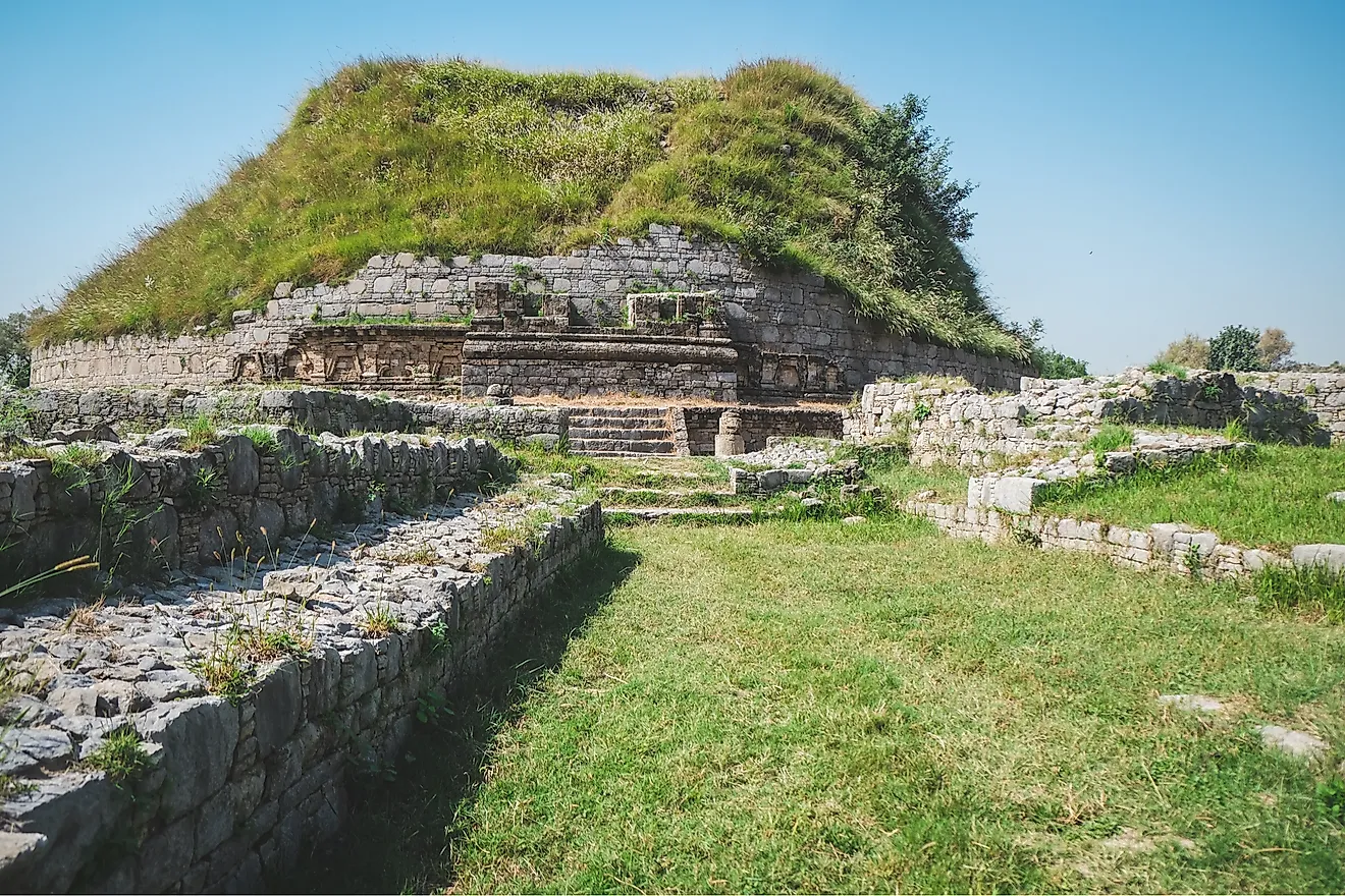 Ruin and ancient historical Buddhist Dharmarajika Stupa. UNESCO World Heritage Site in Taxila. Punjab, Pakistan.