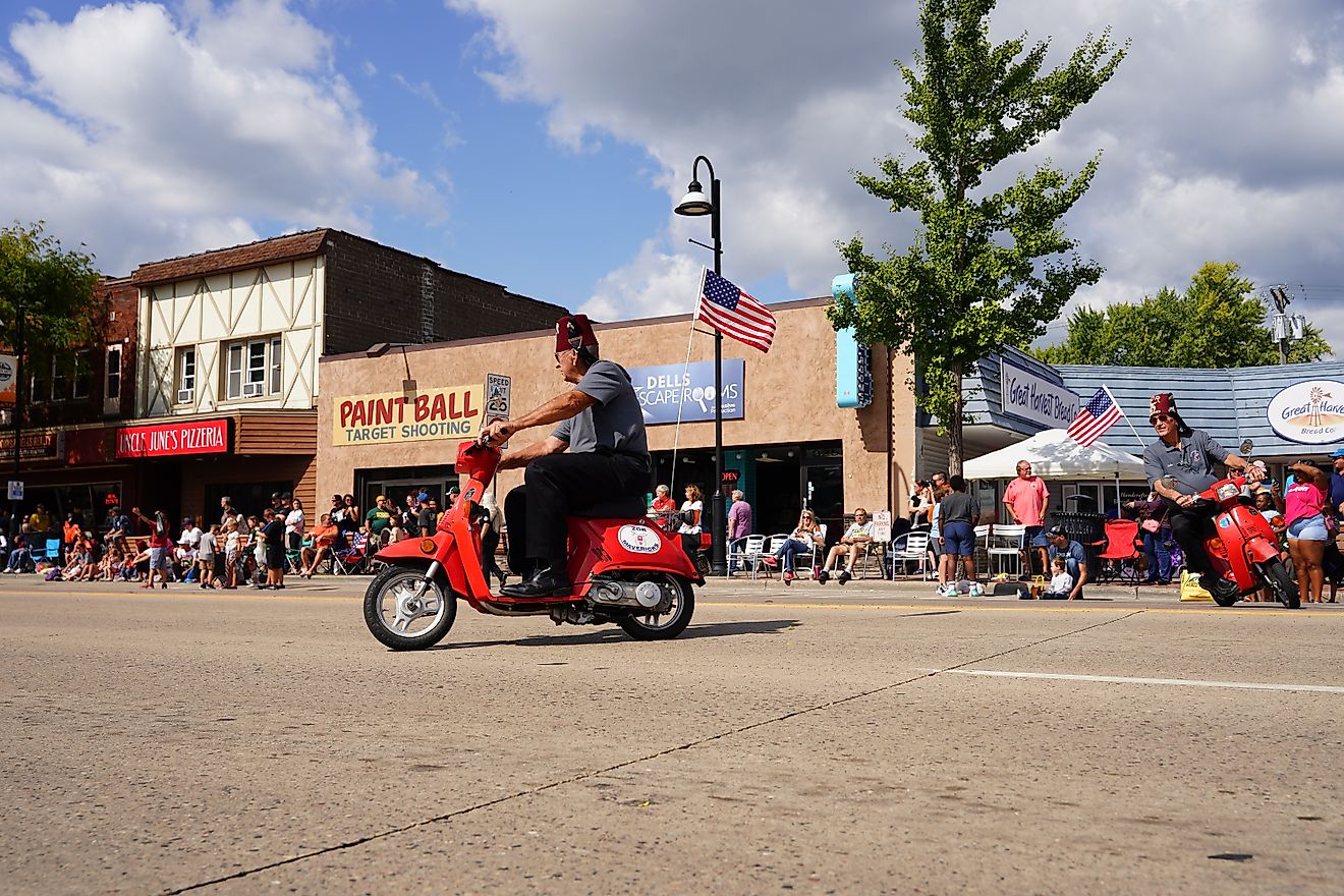 Wisconsin Dells, Wisconsin USA - September 18th, 2023: ZOR Mavericks on mopeds drove around in Wo Zha Wa fall festival parade.