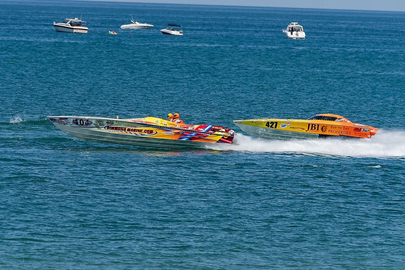 Power boat and helmeted recreators on Lake Michigan near Michigan City, Indiana. Image: Lewis Photo Studio - Shutterstock. 