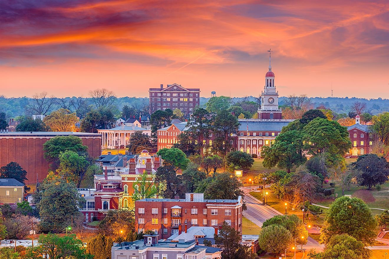 Macon, Georgia, USA historic downtown skyline at dusk.