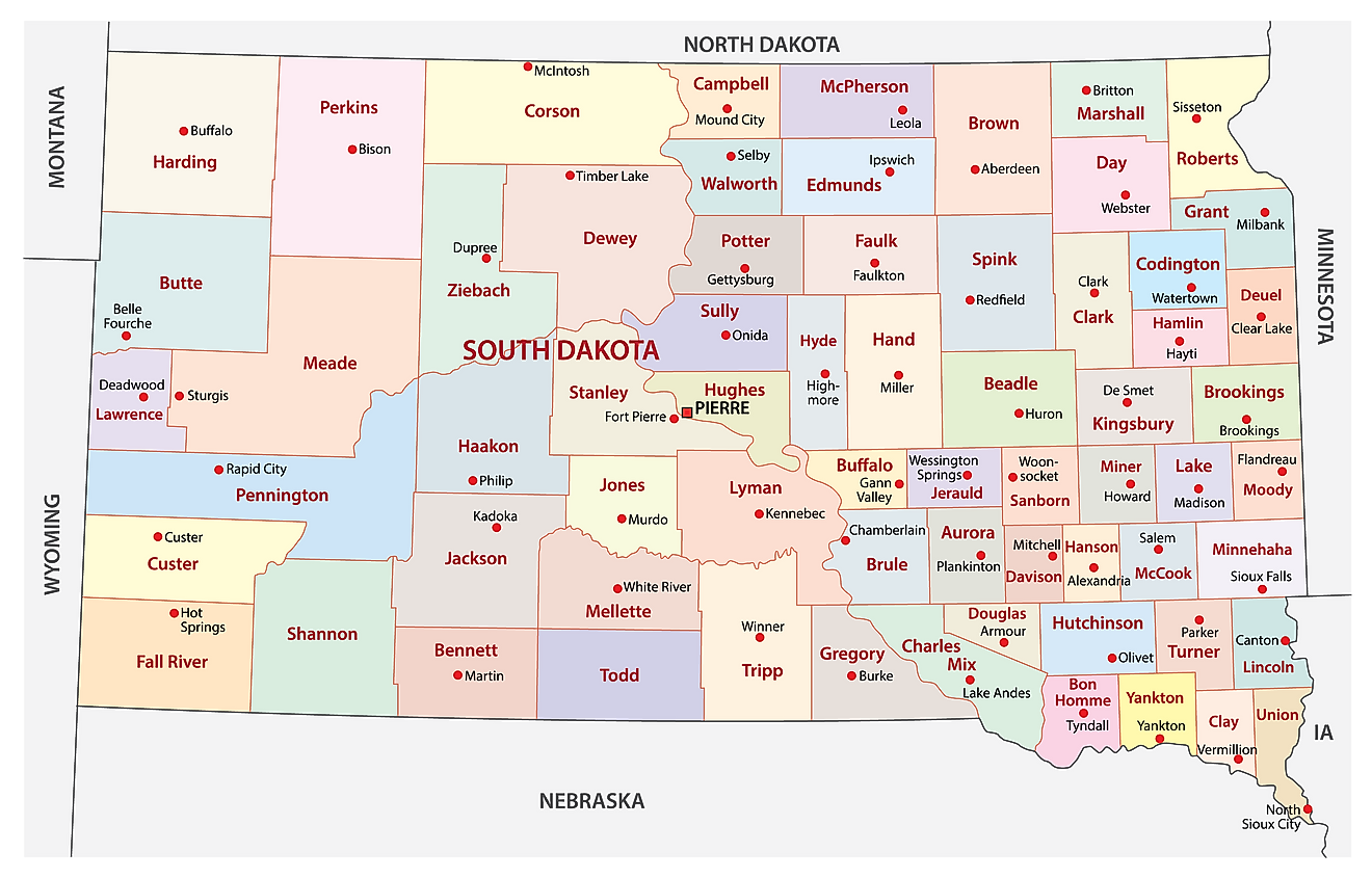 Mapa administrativo de Dakota del Sur que muestra sus 66 condados y la ciudad capital - Pierre