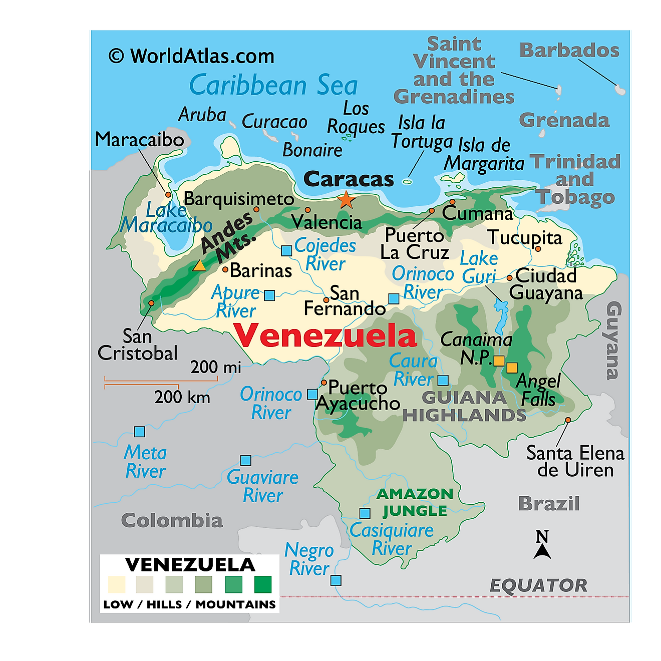 Mapa físico de Venezuela que muestra el relieve, las montañas, los principales lagos y ríos, el Salto Ángel, la selva amazónica, ciudades importantes, países limítrofes y más.