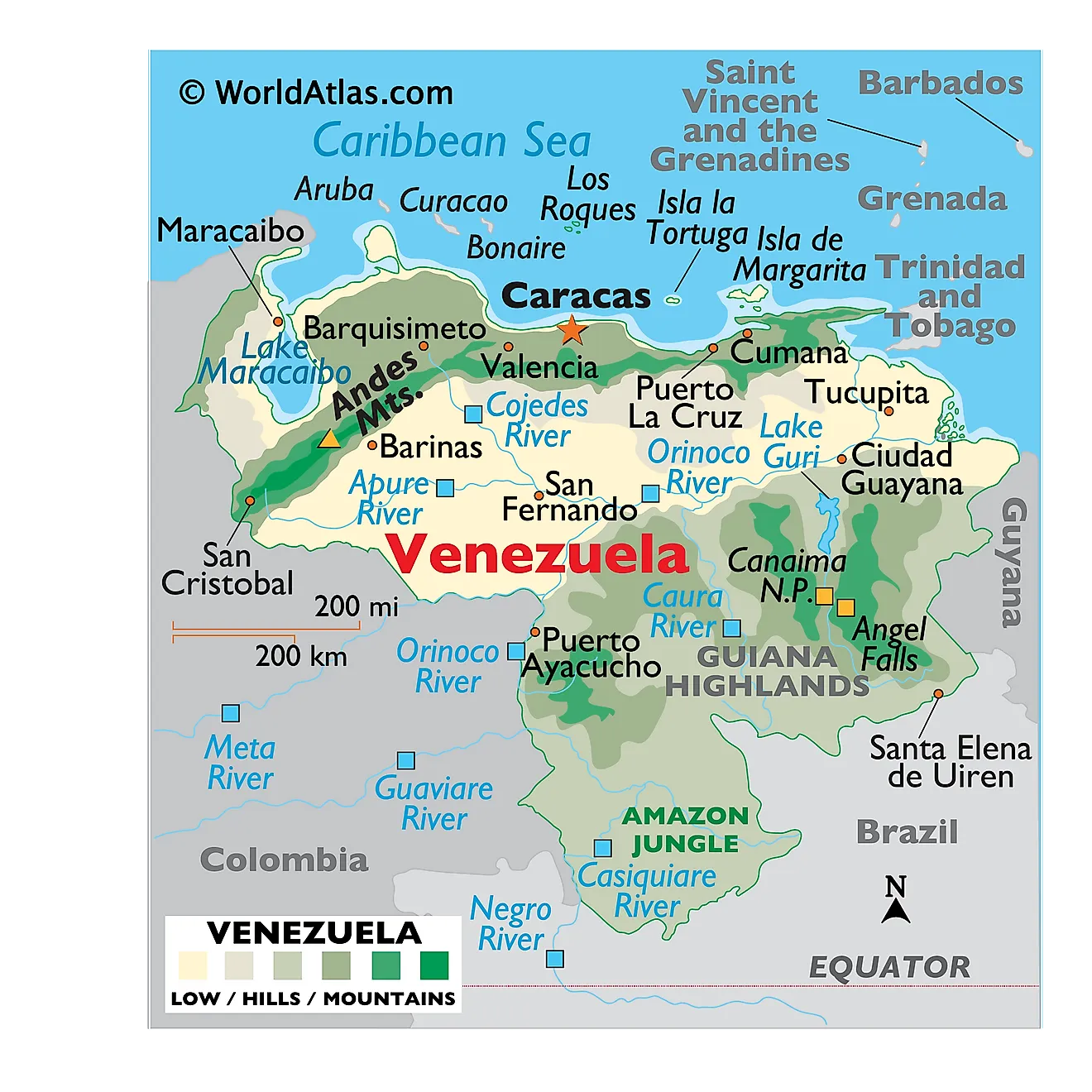 Physical Map of Venezuela showing relief, mountains, major lakes and rivers, the Angel Falls, Amazon Jungle, important cities, bordering countries, and more.