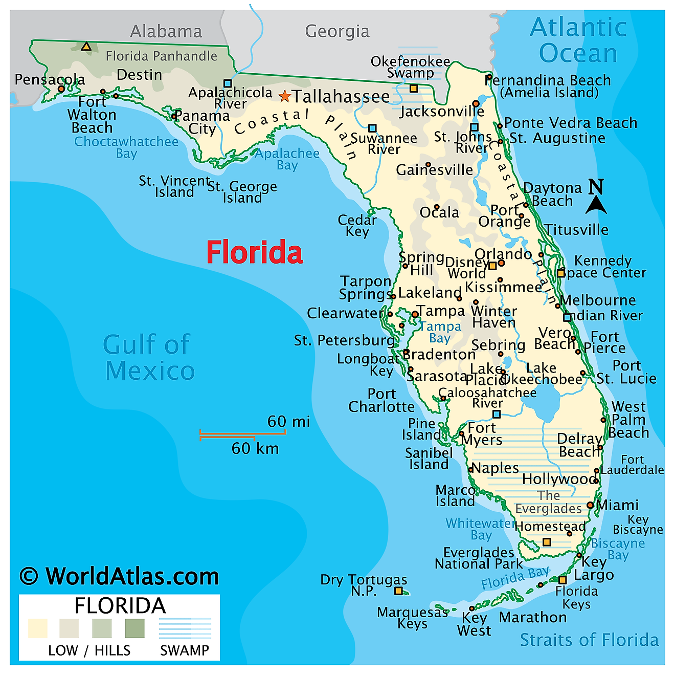 Mapa Físico de Florida. Muestra las características físicas de Florida, incluidas cadenas montañosas, ríos, lagos, llanuras costeras, los pantanosos Everglades y las islas de los Cayos de Florida.