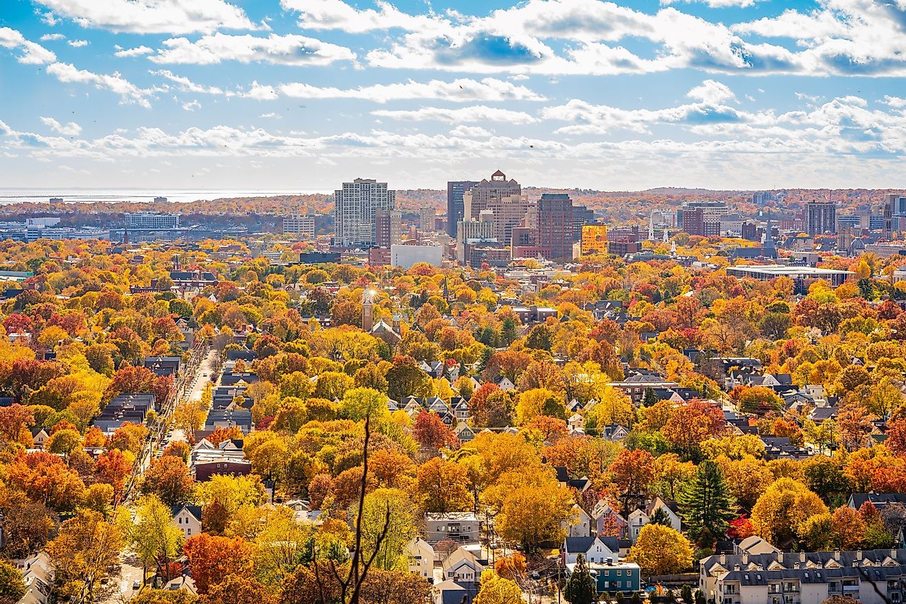 Beautiful fall views of New Haven and Yale University from the summit of East Rock Park in New Haven, Connecticut. Editorial credit: Winston Tan / Shutterstock.com