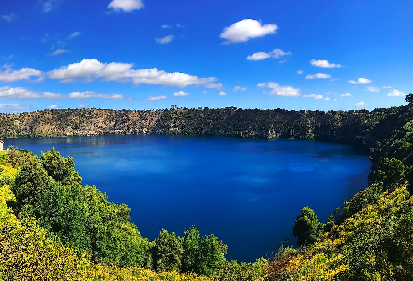 Panorama view of Blue Lake, a volcanic crater at Mount Gambier-South Australia in a sunny day.