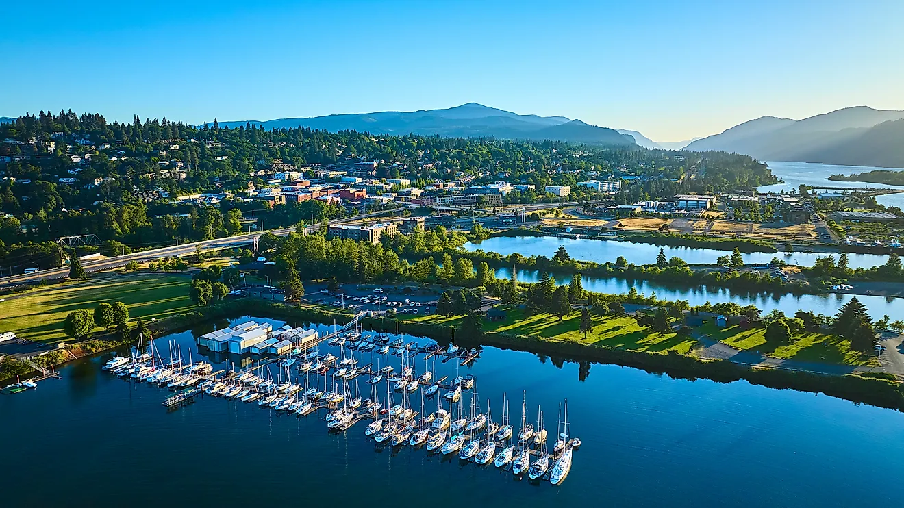 Aerial view of the Hood River Marina at sunrise.