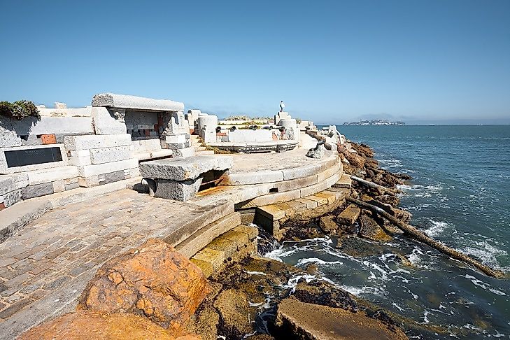 Site of the Wave Organ in San Francisco Bay. Tourists can sit upon the stone benches and listen to its unique murmurings.