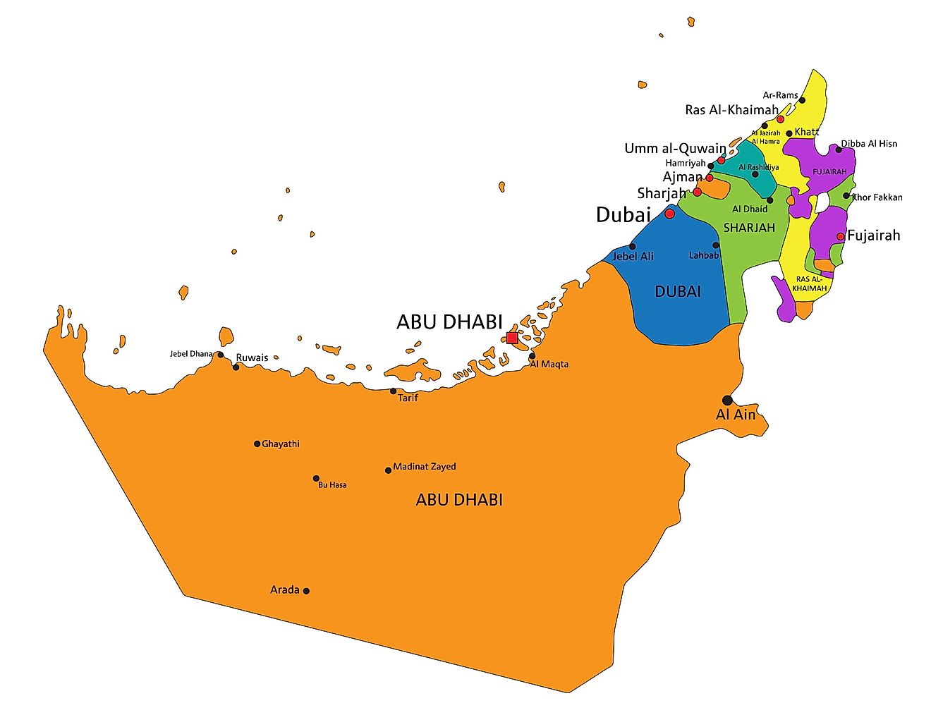 Mapa político de los Emiratos Árabes Unidos (EAU) que muestra los 7 Emiratos.