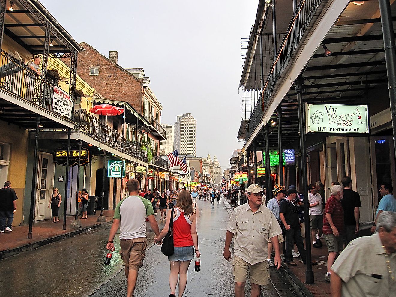Bourbon Street, looking southwest toward Canal Street, in late afternoon after a shower. Image credit: InSapphoWeTrust/Wikimedia.org