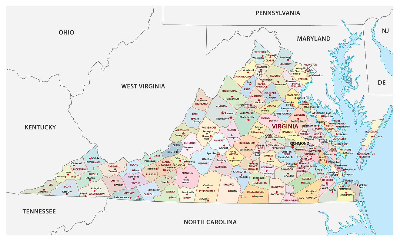 Mapa administrativo de Virginia que muestra sus 134 condados y la ciudad capital - Richmond