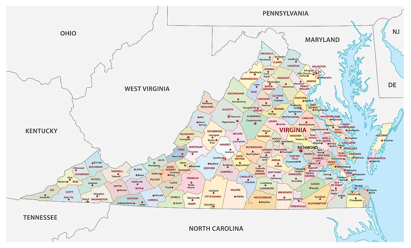 Mapa administrativo de Virginia que muestra sus 134 condados y la ciudad capital - Richmond