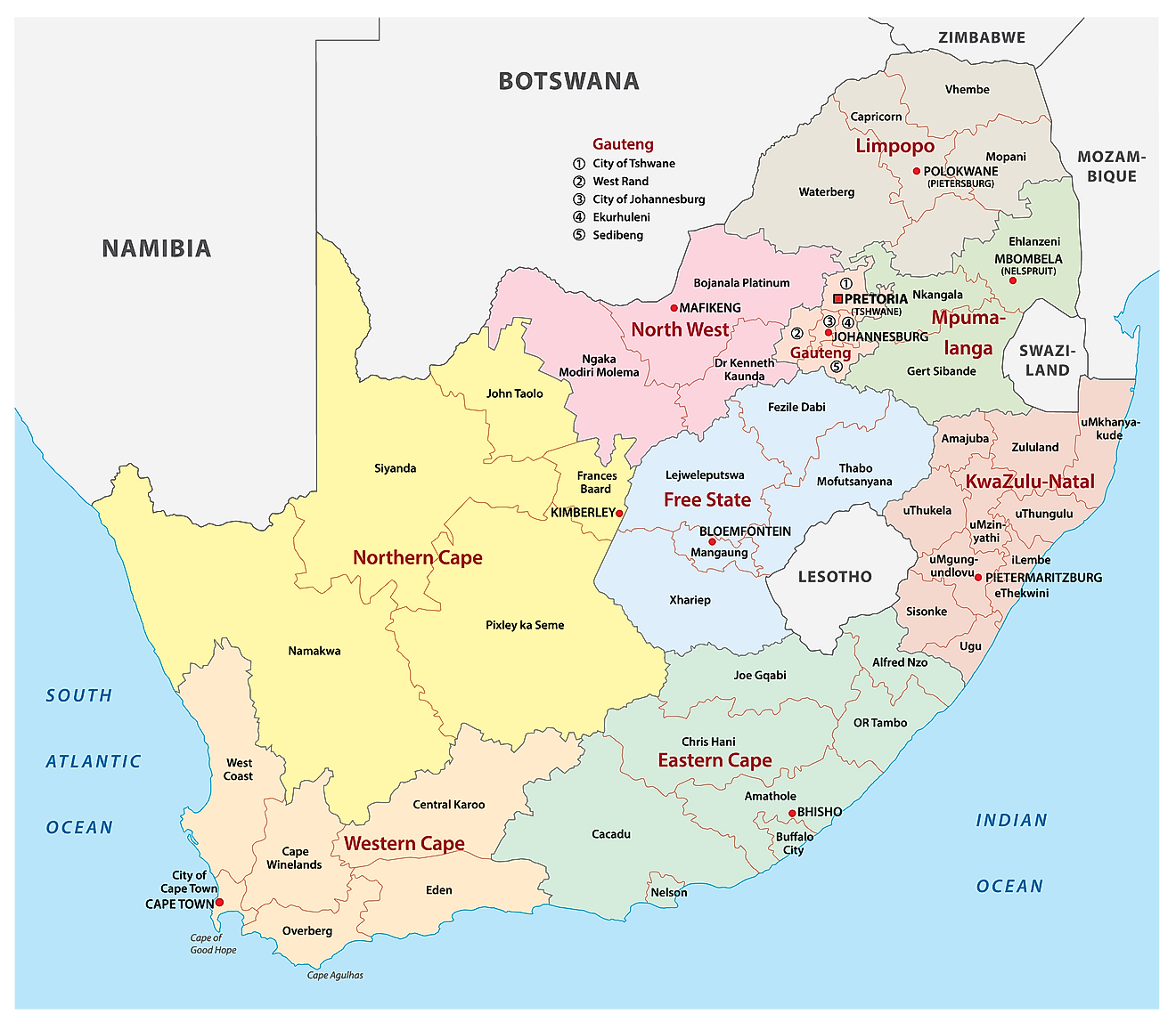 Mapa político de Sudáfrica que muestra las nueve provincias y sus capitales, y las tres capitales del país.