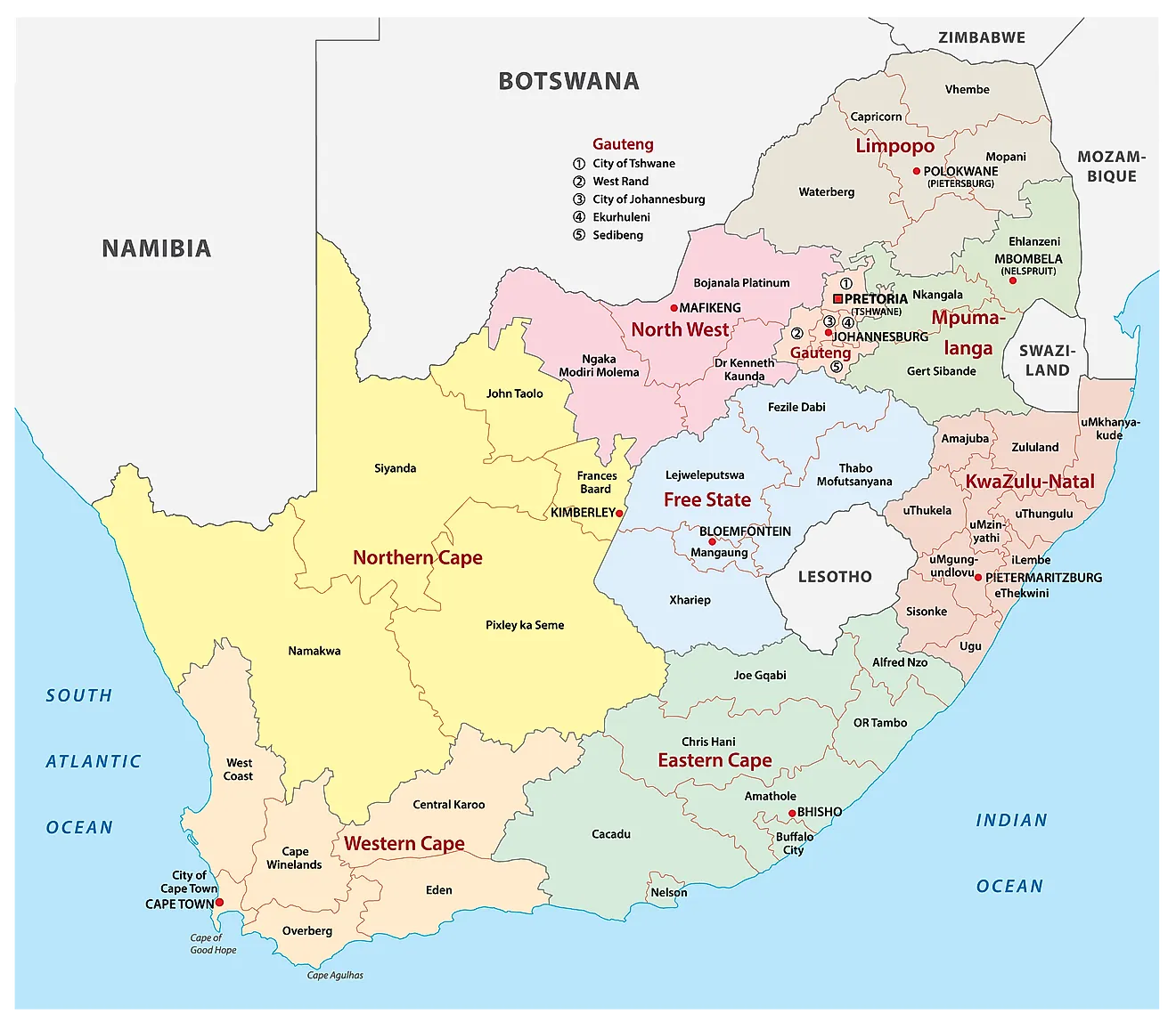 Political map of South Africa showing the nine provinces, their capitals, and the country's three capitals.