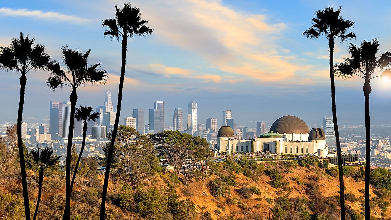 The Griffith Observatory and Los Angeles city skyline.