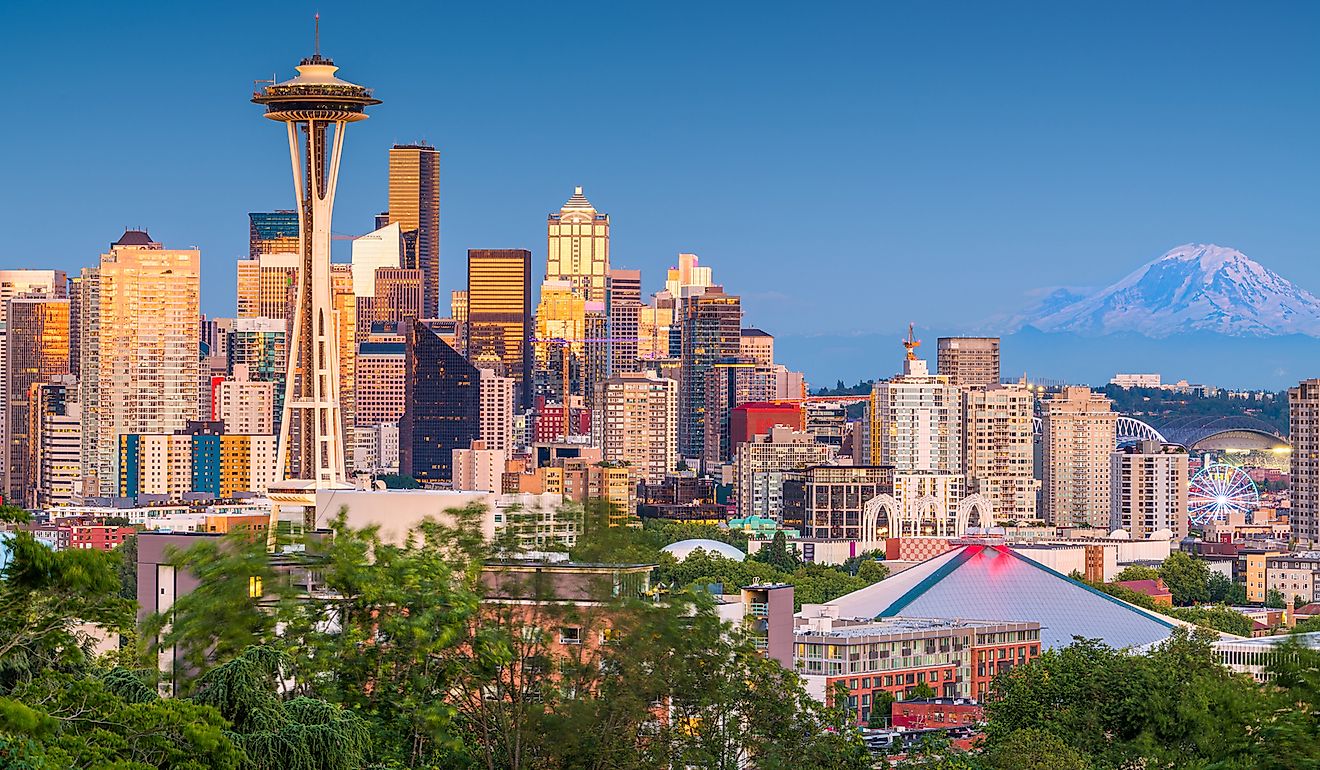 Seattle, Washington, USA downtown city skyline at dusk. Image credit Sean Pavone via Shutterstock