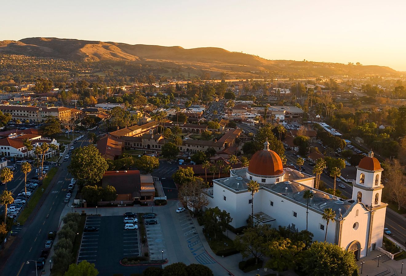 Sunset aerial view of the Spanish Colonial era mission and downtown San Juan Capistrano, California. Image credit Matt Gush via Shutterstock