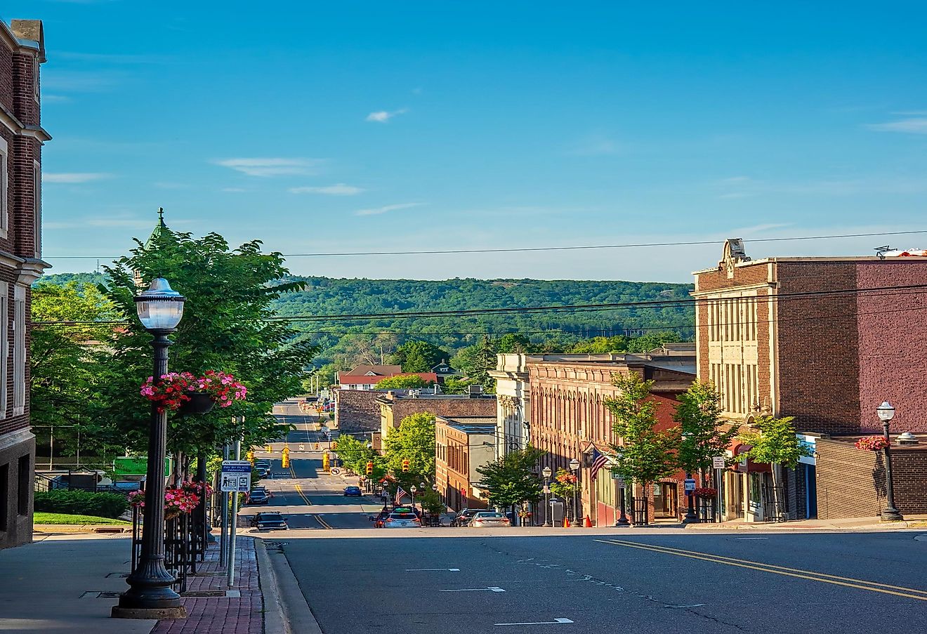 Business district Marquette, Michigan, on the hillside of Main Street.