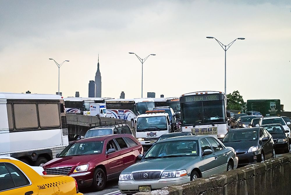 A traffic jam in Weehawken, New Jersey. New Jersey ranked among the US states with the worst quality of life. Editorial credit: Andrew F. Kazmierski / Shutterstock.com.