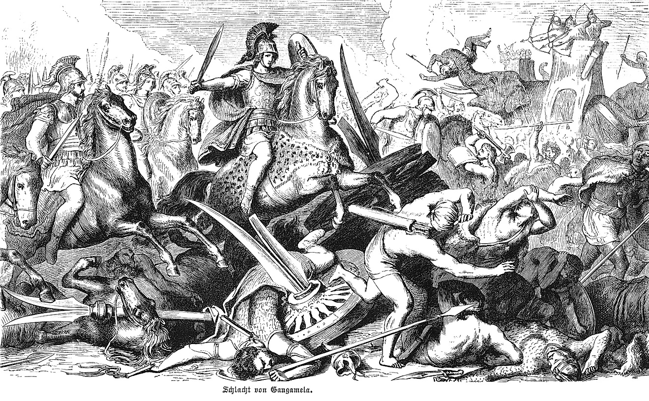 The decisive confrontation between Alexander the Great's forces and Darius III's Persian army at Gaugamela in 331 BCE. Old vintage illustration, 1880.