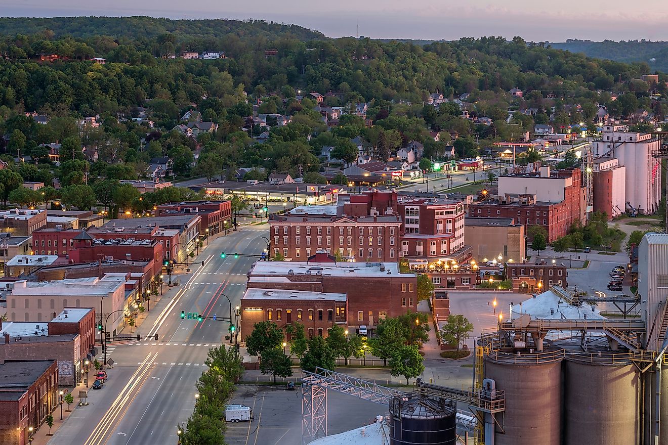 A Medium Long Exposure Shot of Downtown Rural Red Wing, Minnesota during a Summer Twilight.