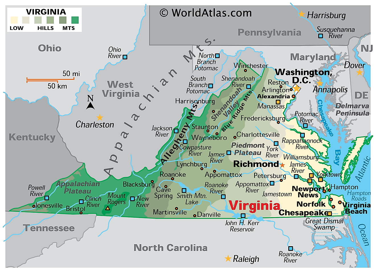 Mapa físico de Virginia. Muestra las características físicas de Virginia, incluidas sus cadenas montañosas, los principales ríos y lagos.