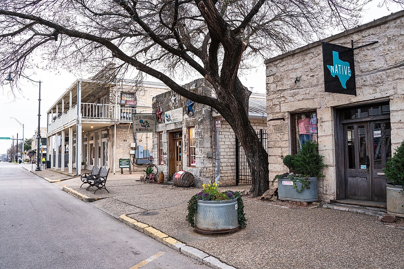 Street scene from hill country town, Fredericksburg Texas with historic buildings in view. 