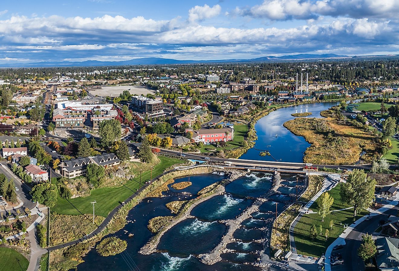 An aerial view of the river and city in Bend, Oregon.