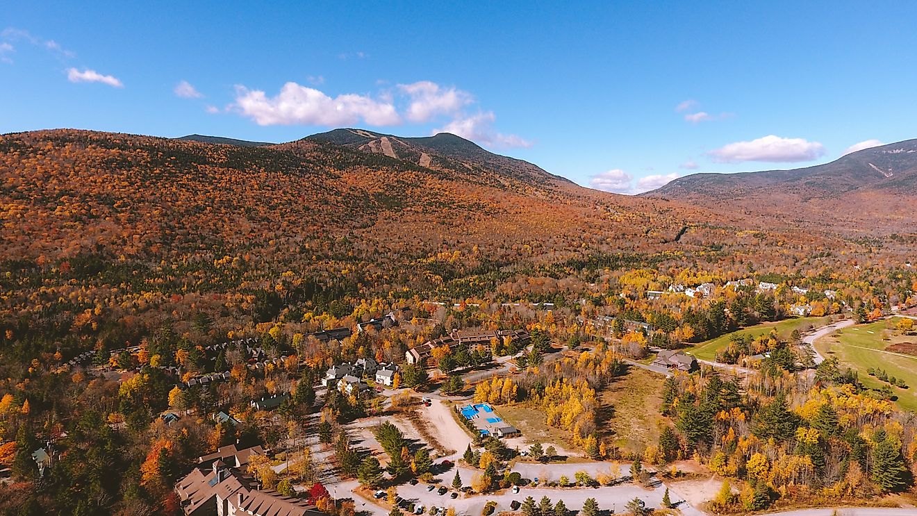 Aerial Cochran Pond, Waterville Valley, Autumn in New Hampshire.