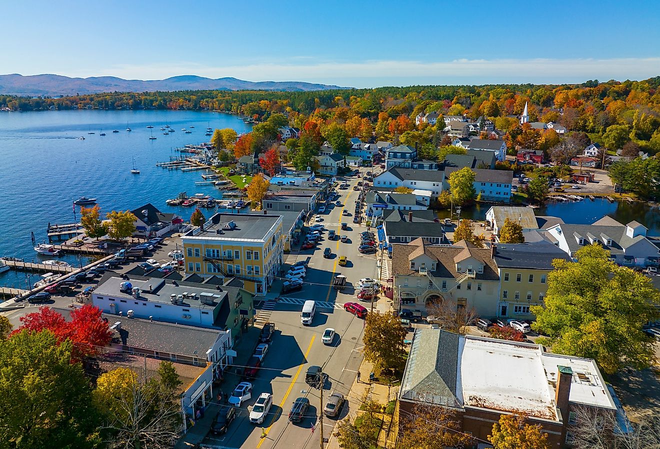 Main Street, town of Wolfeboro, New Hampshire, and Lake Winnipesaukee.