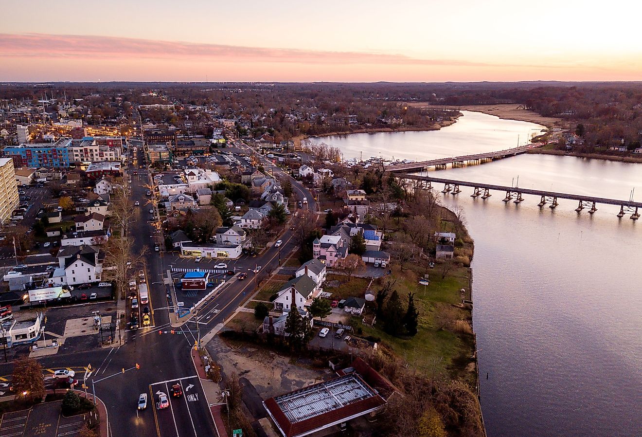 Aerial view of Red Bank, New Jersey along the Navesink River at sunset.