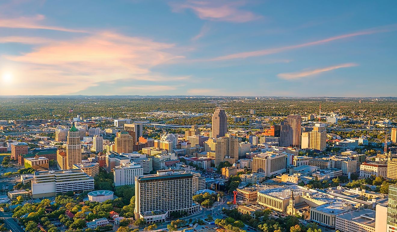 Cityscape of downtown San Antonio in Texas, at sunset. 