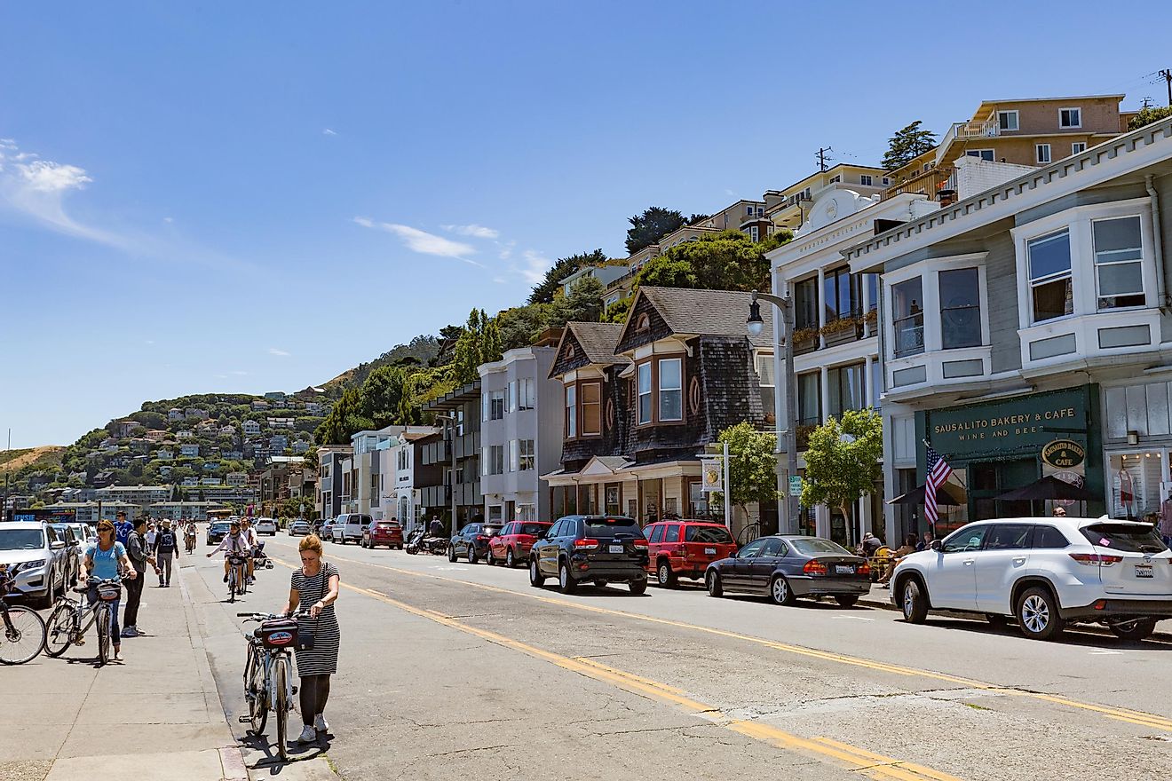 Sausalito, USA - July 15, 2017 - View of the stores along the Bridgeway street in the city of Sausalito, USA