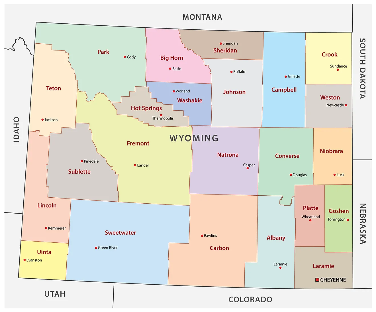 Administrative Map of Wyoming showing its 23 counties and the capital city - Cheyenne