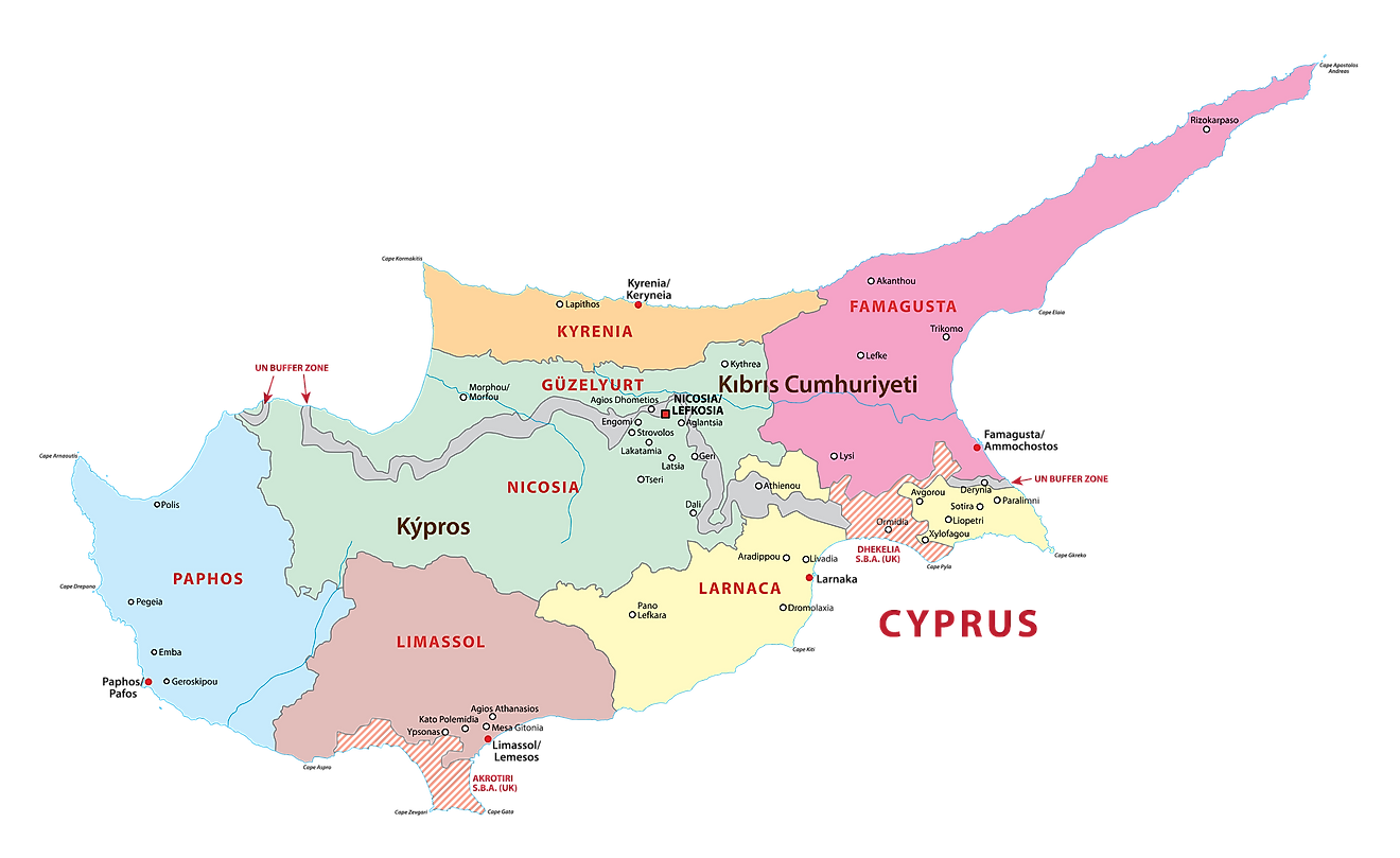 Administrative map of Northern Cyprus (not recognized by the international community) and the Republic of Cyprus.